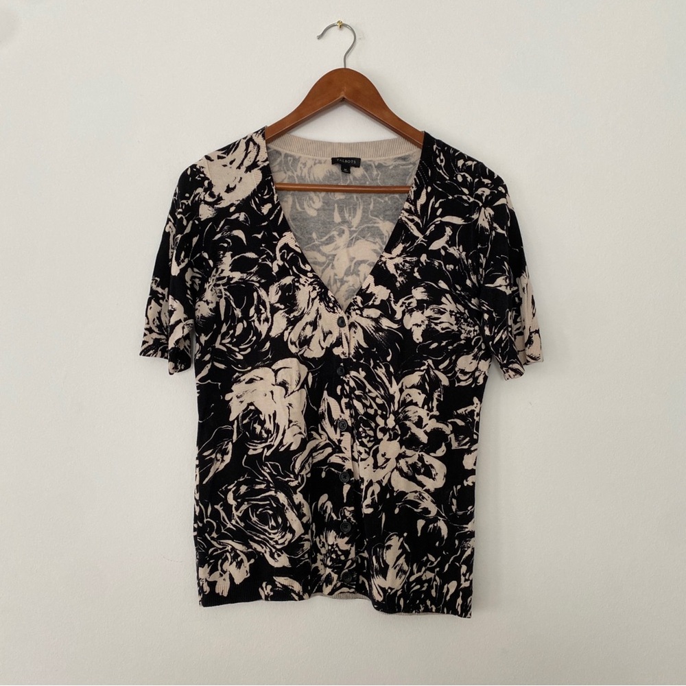 Talbots Black Cream Floral Short Sleeve Cardigan Sweater Medium Cotton Blend